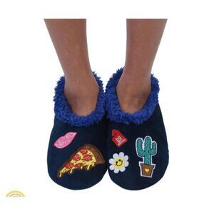 Snoozies Womens Patch Fuzzy Slippers Cozy Lining Fun Embroidered Blue New